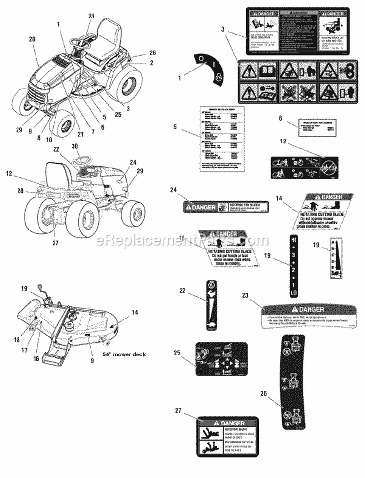 Decals Group Diagram and Parts List for ESGT27540D 2690633 Snapper Lawn Tractor