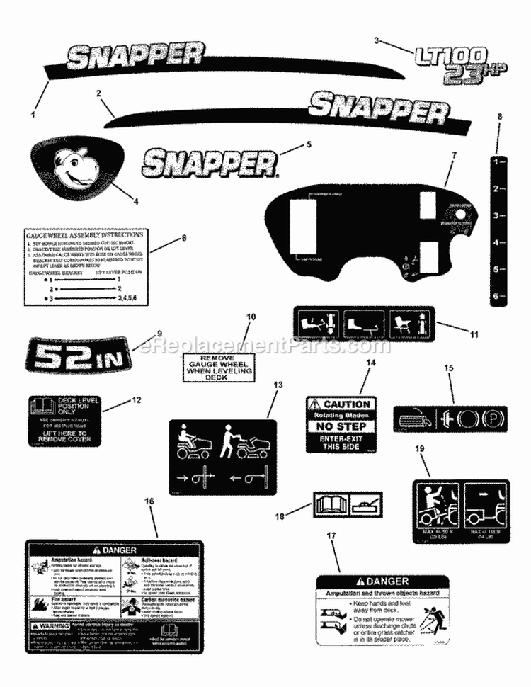Decals Diagram and Parts List for SLT24520FC 7800318 Snapper Lawn Tractor