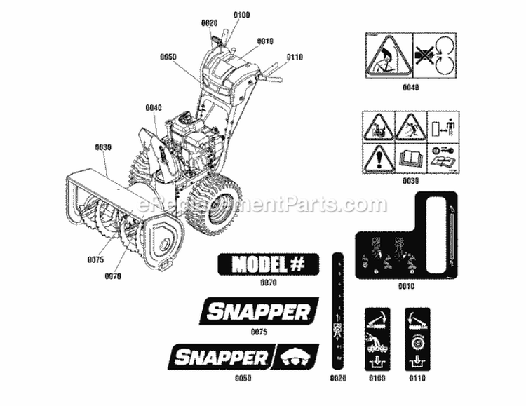 Decals Group Diagram and Parts List for SNH1226E  Snapper Snow Blower