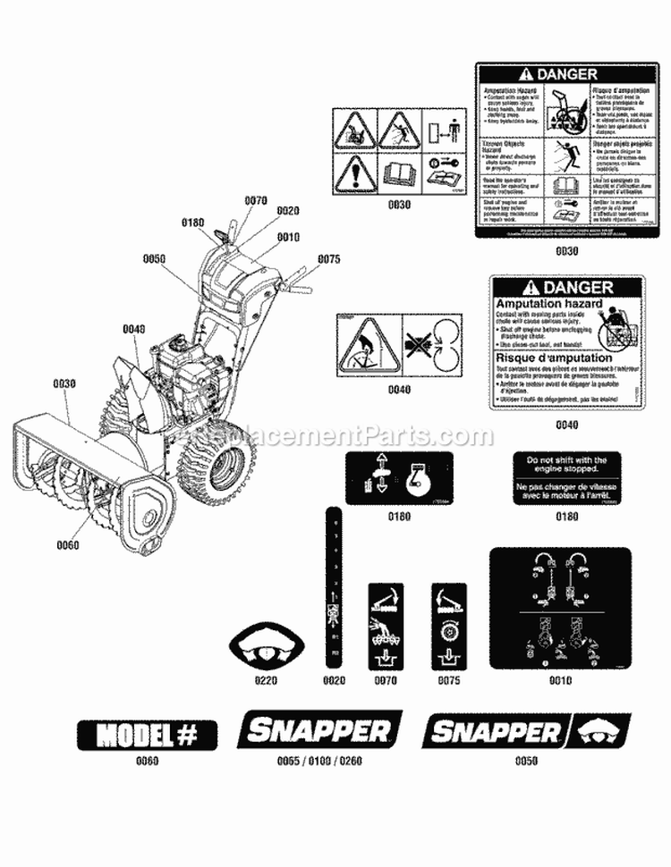 Decals Group Diagram and Parts List for H1226E  Snapper Snow Blower