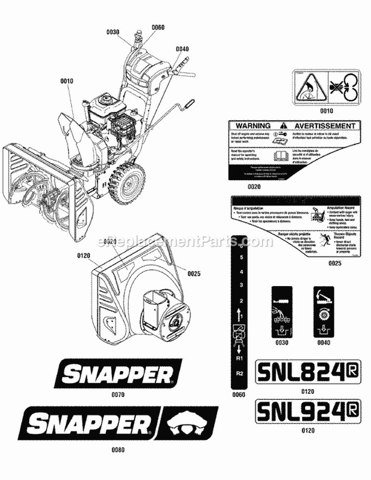 Decals Group Diagram and Parts List for SNL924R  Snapper Snow Blower