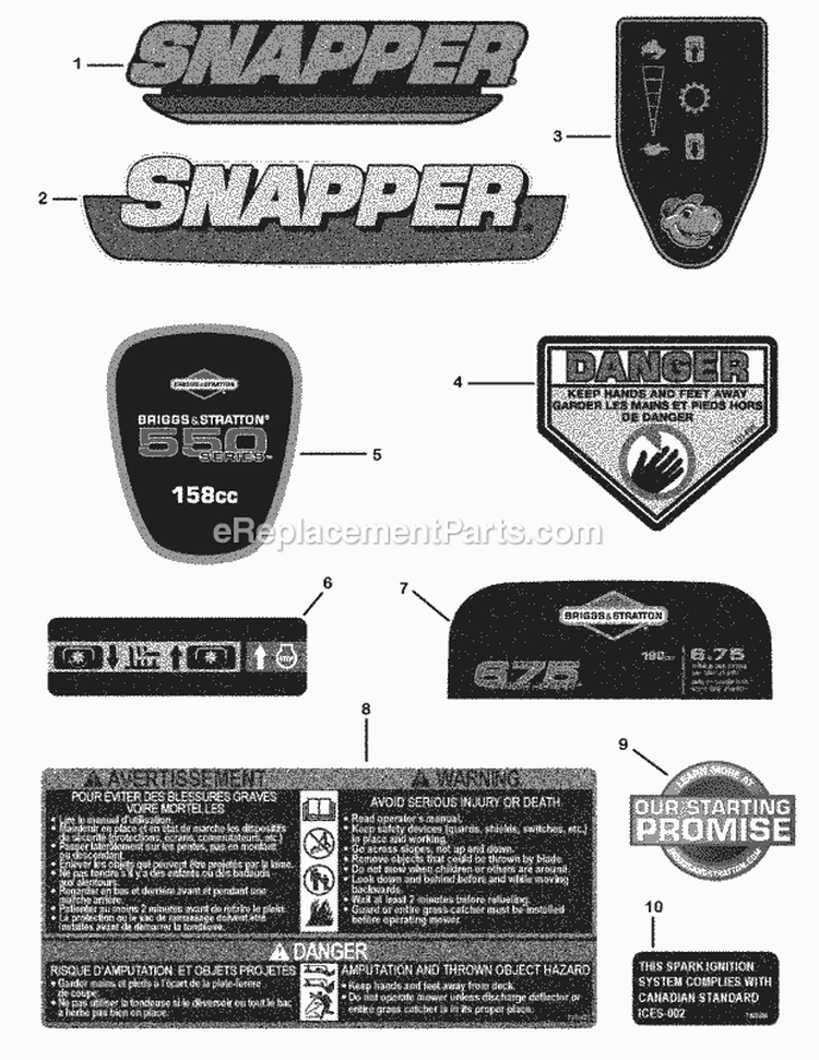 Decal Group Diagram and Parts List for S19550FC  Snapper Lawn Mower