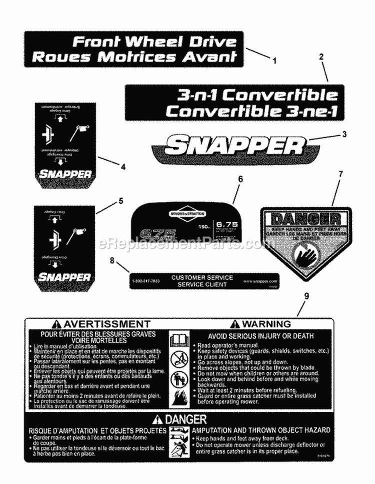 Decals Diagram and Parts List for S2265FC 7800262 Snapper Lawn Mower
