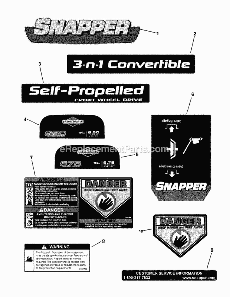 Decals Diagram and Parts List for NS22675 7800607 Snapper Lawn Mower