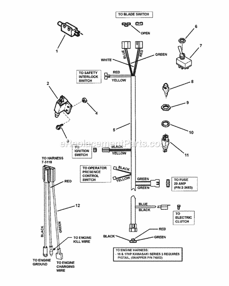 Electrical Wiring (Manual Start) Diagram and Parts List for SPLH153KW 7082435 Snapper Lawn Mower