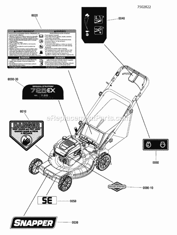 Decals Group 22 Rwd Es Diagram and Parts List for SPV22725E 7800838 Snapper Lawn Mower