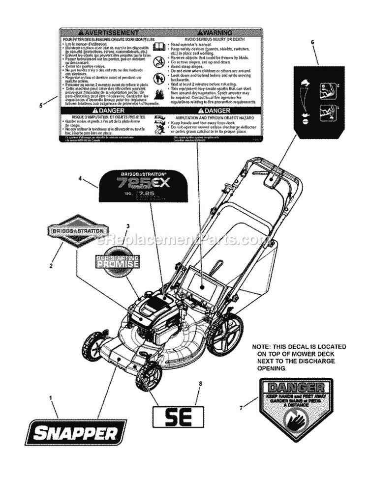 Decal Group Diagram and Parts List for SPV22725HW 7800831 Snapper Lawn Mower