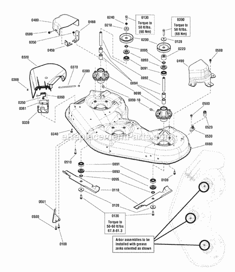 46  52 Mower Deck - Housing Arbor  Blades Group Diagram and Parts List for SPX2352  Snapper Lawn Tractor