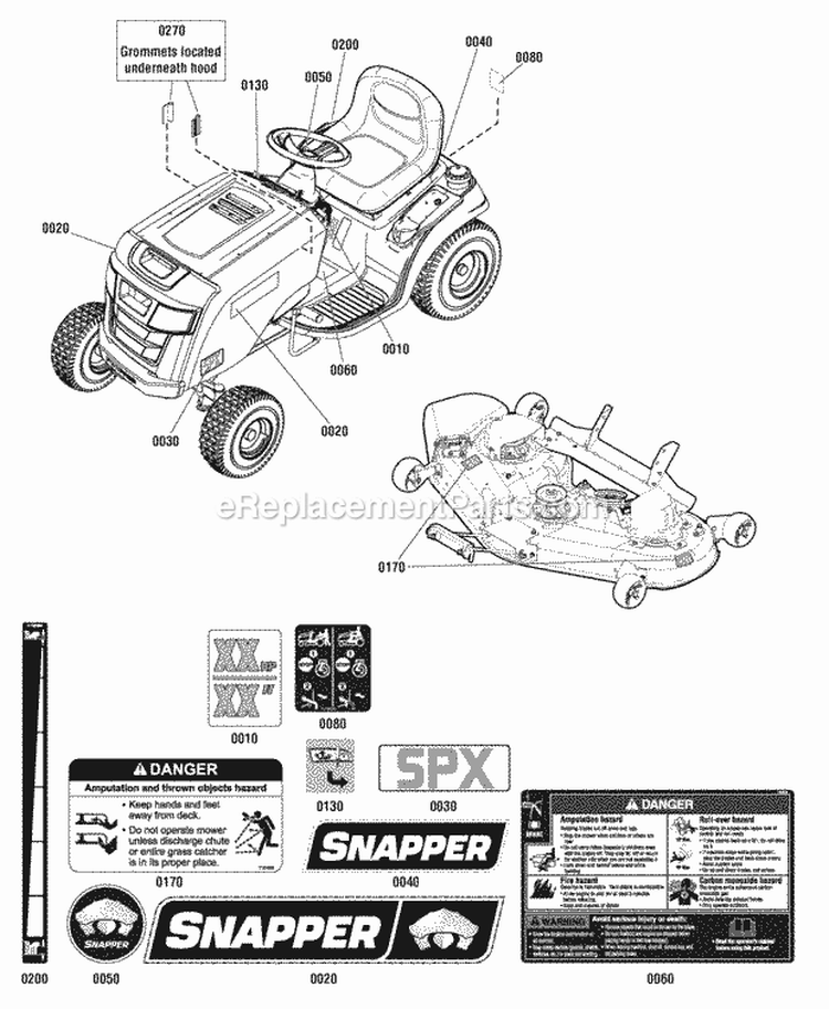 Decals Group - 42 46  52 Deck Diagram and Parts List for SPX2352  Snapper Lawn Tractor