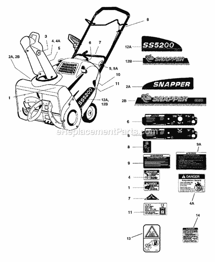 Decal Group Diagram and Parts List for SS5200E 85631 Snapper Snow Blower