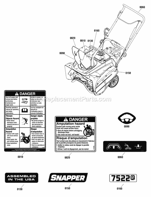 Decals_Group Diagram and Parts List for SS7522R 1696511-00 Snapper Snow Blower