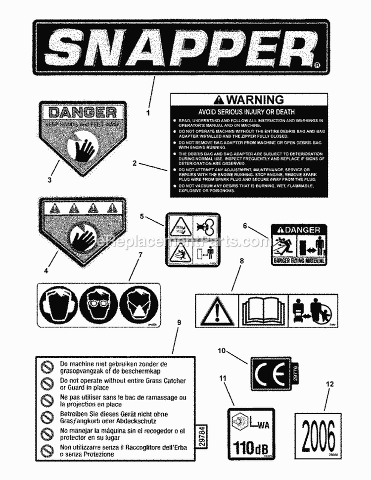 Decals Diagram and Parts List for SV25550HV 7085639 Snapper Leaf Blower / Vacuum