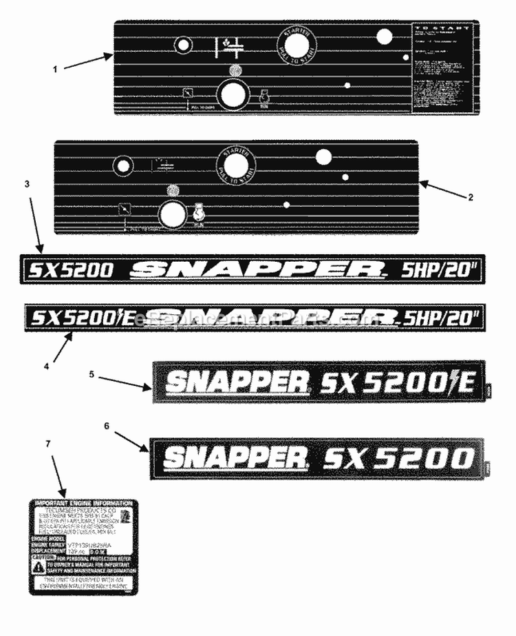 Decals Diagram and Parts List for SX5200R  Snapper Snow Blower