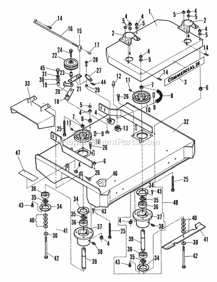 36 Mower Front Deck Diagram and Parts List for W36121  Snapper Lawn Mower