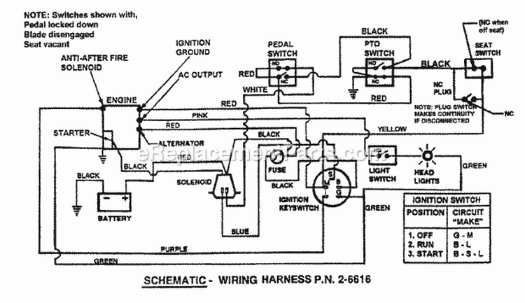 Electrical Schematic - Wiring Harness PN 26616 Diagram and Parts List for LT145H38GBV 84592 Snapper Lawn Tractor