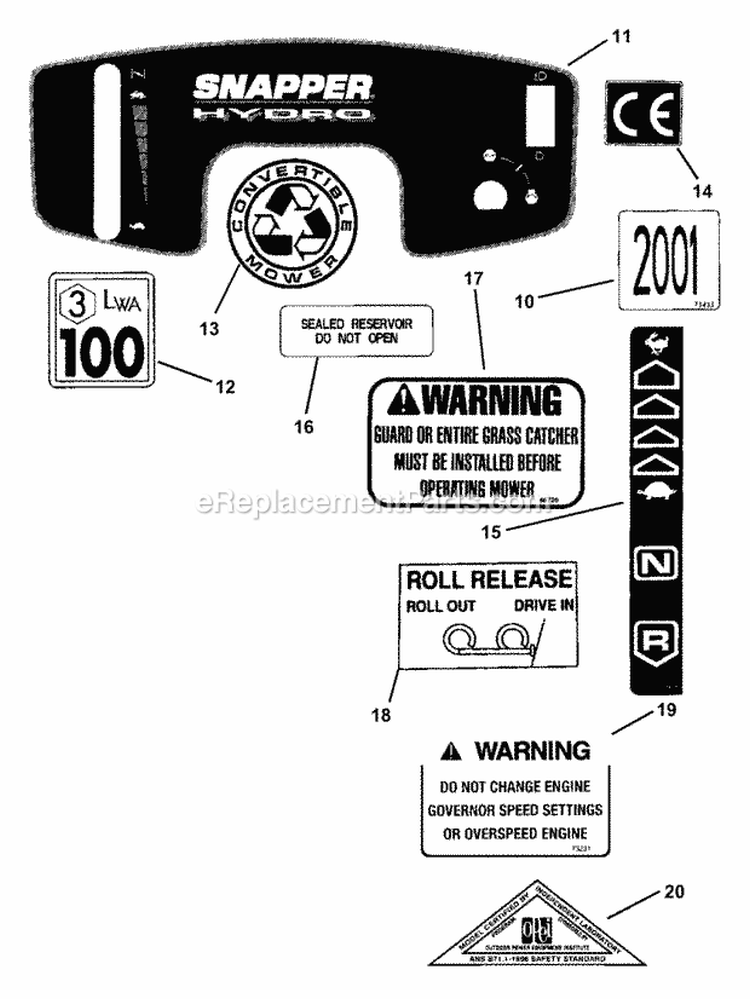 Decals (Part 2) Diagram and Parts List for LT145H38GBV 84592 Snapper Lawn Tractor