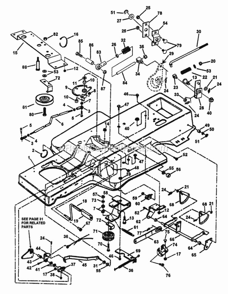 Frame Clutch Brake  Steering Components Diagram and Parts List for LT145H38GBV 84592 Snapper Lawn Tractor