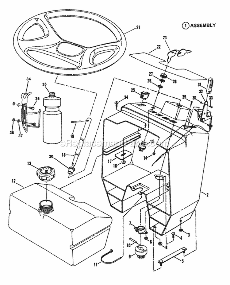 Steering Wheel Console Fuel Tank Diagram and Parts List for LT145H38HBV  Snapper Lawn Tractor