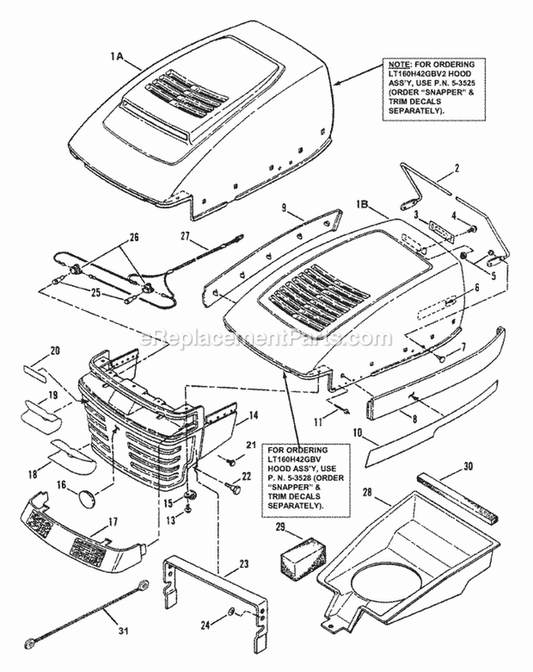 Hood Bumper Headlights  Components Diagram and Parts List for WLT160H42GBV 84658 Snapper Lawn Tractor
