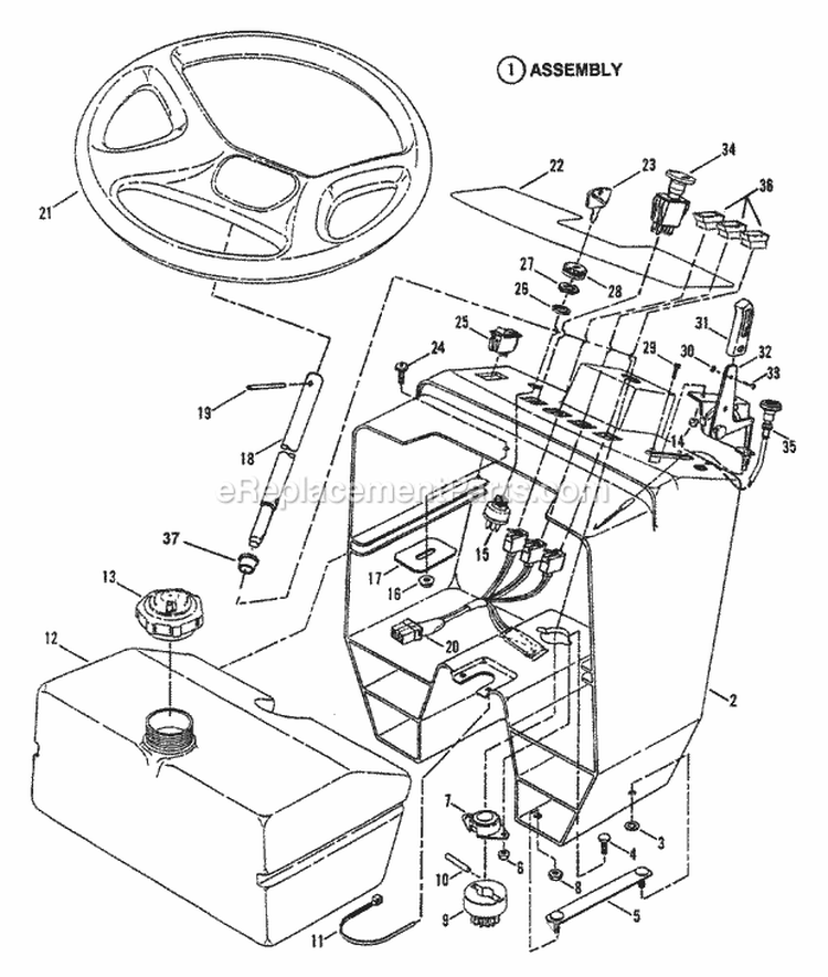 Steering Wheel Console Fuel Tank Diagram and Parts List for WLT160H42GBV 84658 Snapper Lawn Tractor