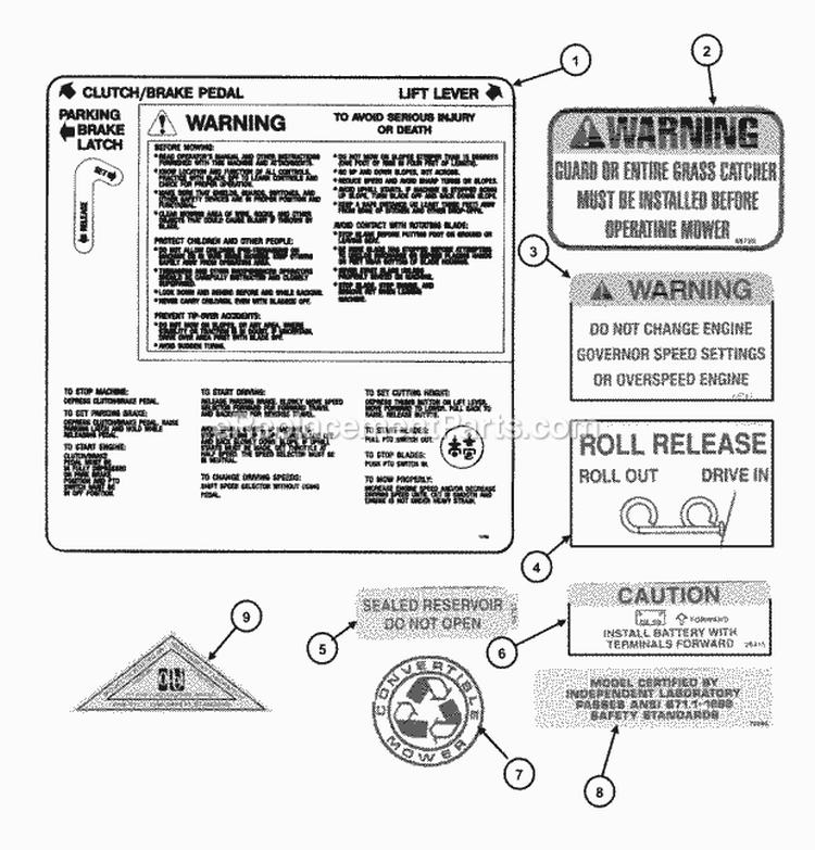 Decals (Part 1) Diagram and Parts List for WLT160H42GBV 84658 Snapper Lawn Tractor