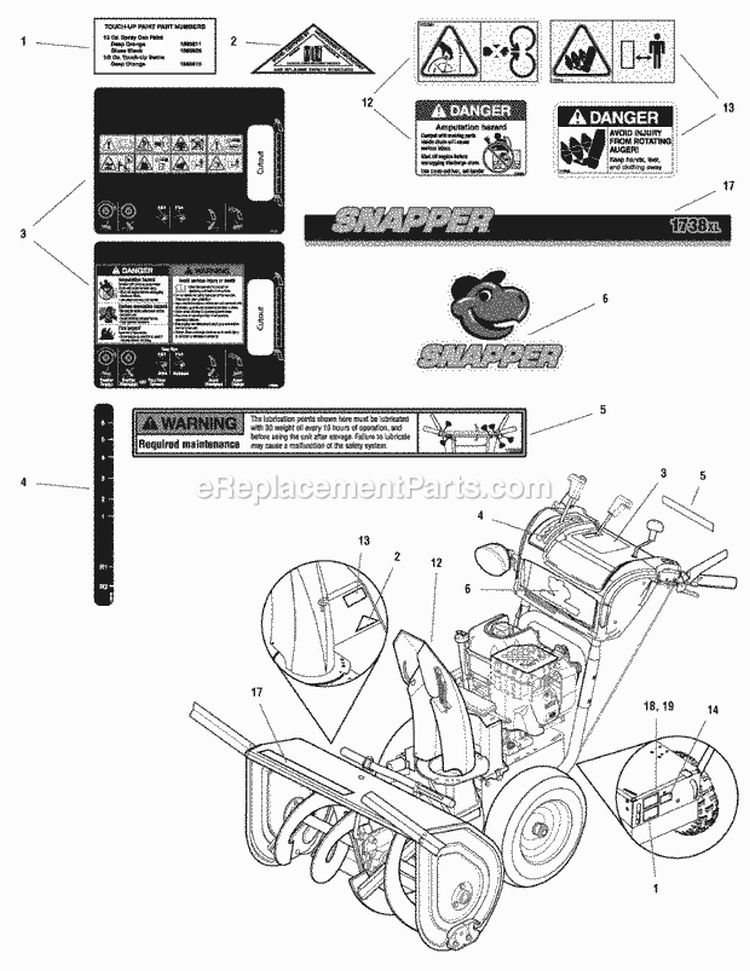 Decals Group Diagram and Parts List for XL1738EX 1695359 Snapper Snow Blower