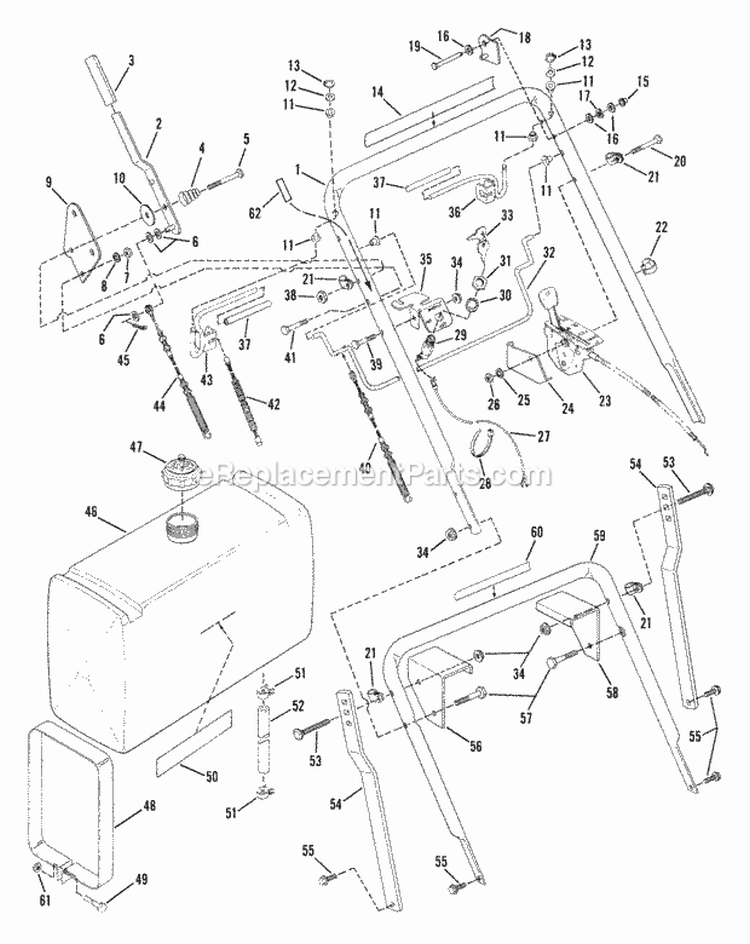 Upper  Lower Handle Fuel Tank Diagram and Parts List for Y30081B  Snapper Lawn Mower
