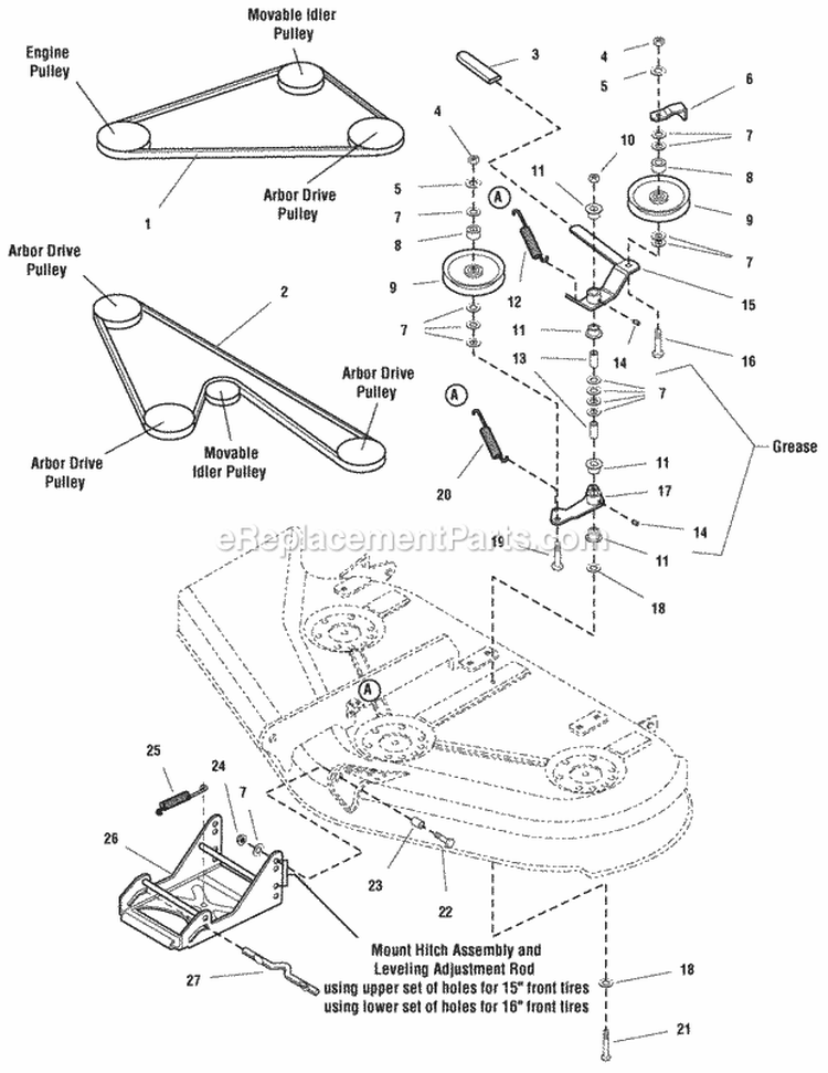 44  50 Mower Deck - Belt Idler Arm  Hitch Group Diagram and Parts List for LT2044 2690442 Snapper Lawn Tractor