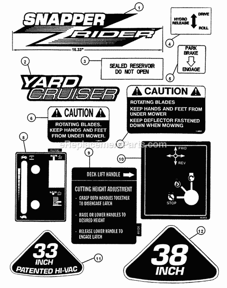Decals (Part 1) Diagram and Parts List for YZ13331BE  Snapper Lawn Tractor