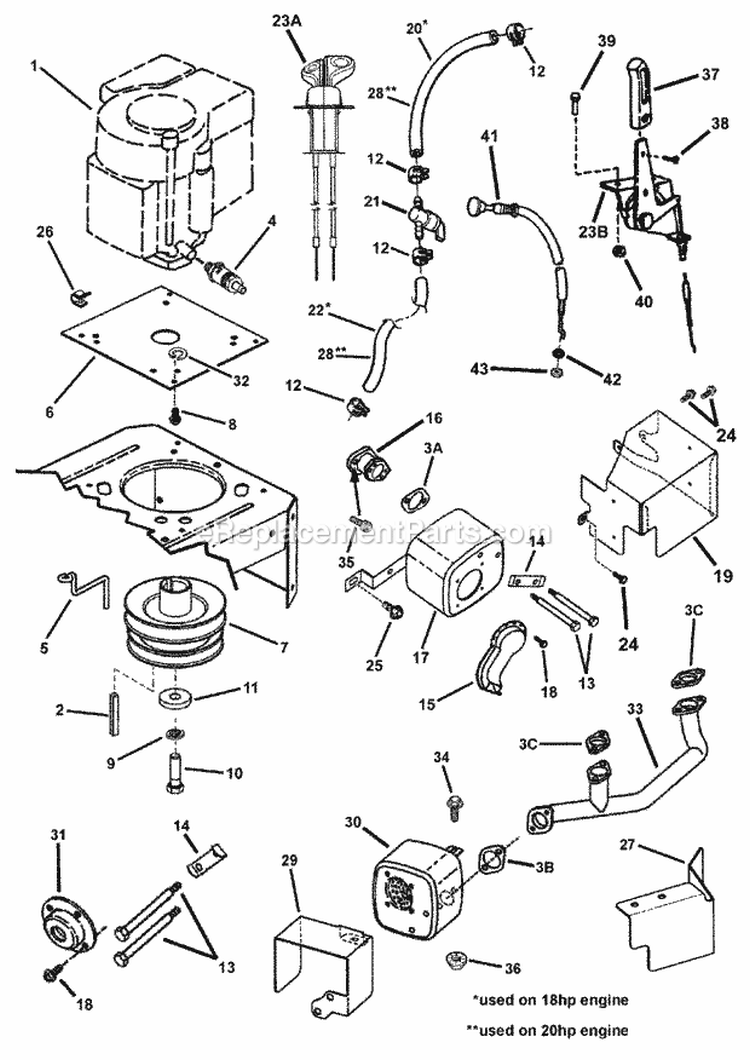 Engine Components Diagram and Parts List for YZ20485BVE 84943 Snapper Lawn Tractor