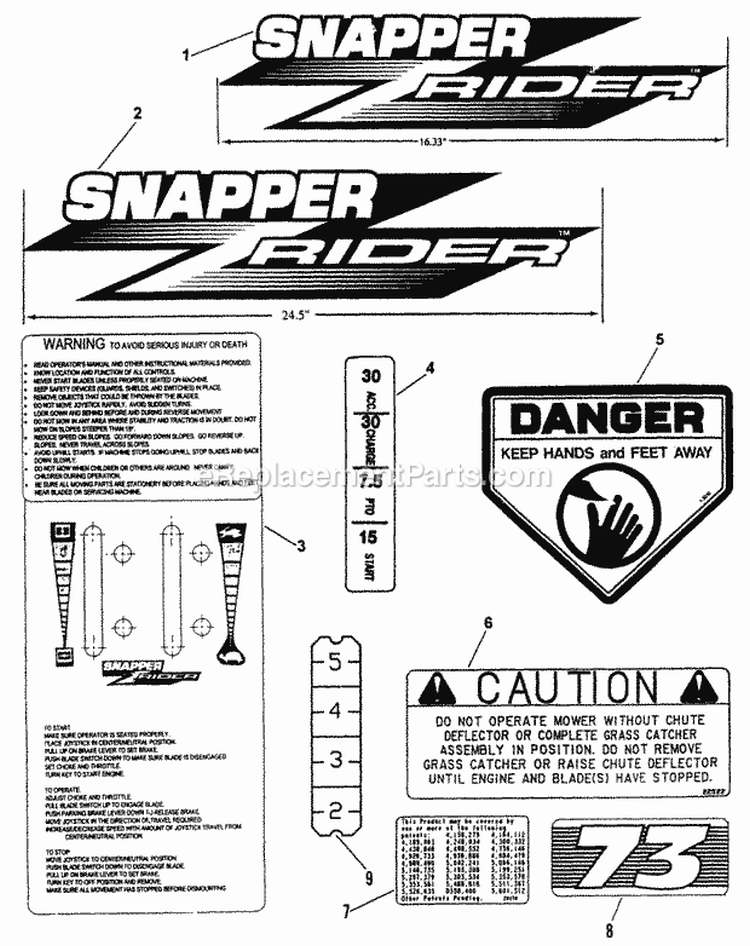 Decals (Part I) Diagram and Parts List for ZF2200K  Snapper Lawn Tractor