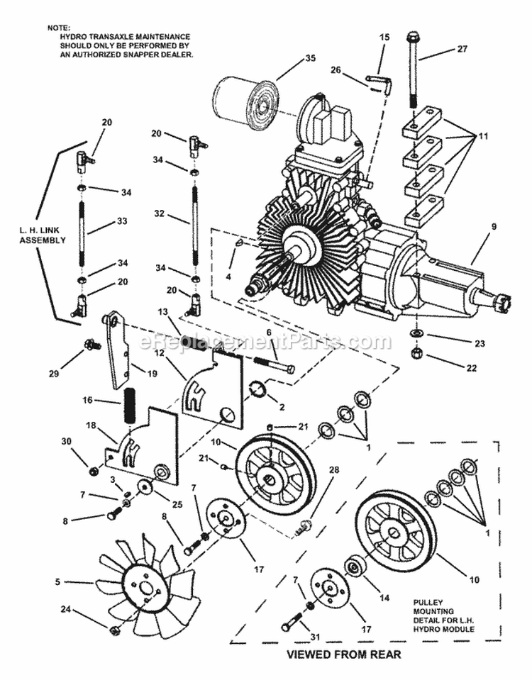 Tandem Hydro Transaxle Assembly Diagram and Parts List for ZF2501KH  Snapper Lawn Tractor