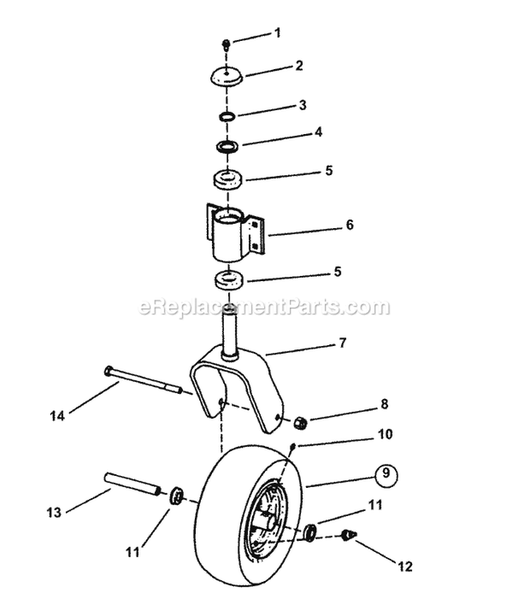 Caster Wheel Assembly Diagram and Parts List for ZMT2500KH  Snapper Lawn Tractor