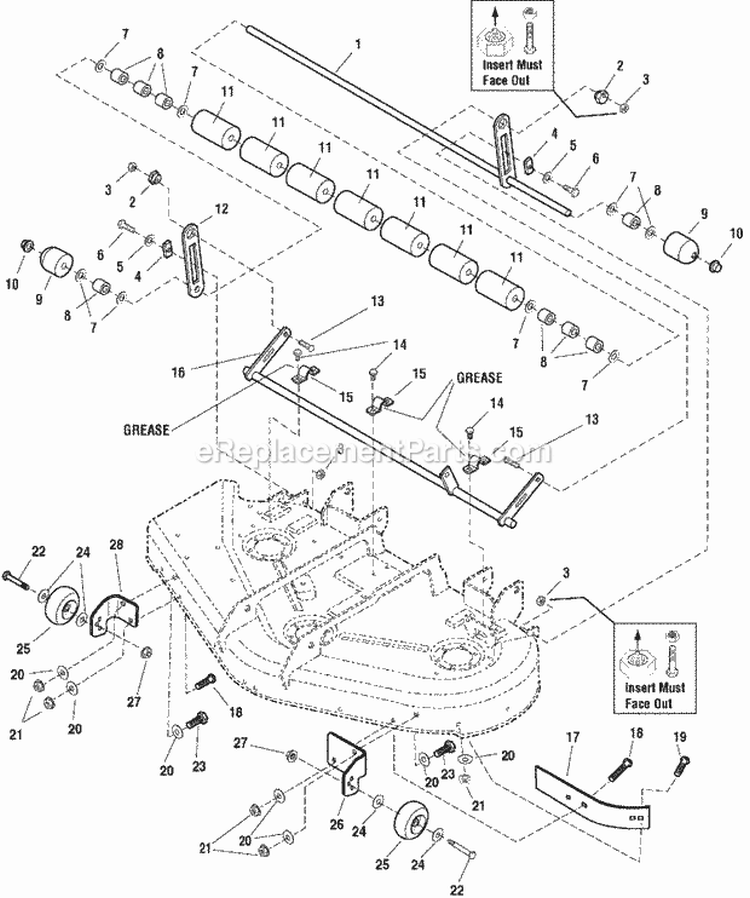 44 Mower Deck - Roller Bar Group Diagram and Parts List for ZT18440KH 5091000 Snapper Lawn Tractor