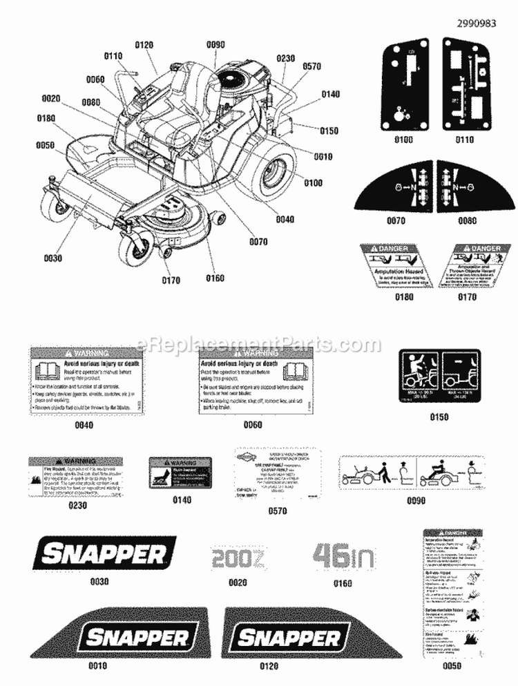 Decal Group Diagram and Parts List for ZT21546  Snapper Lawn Tractor