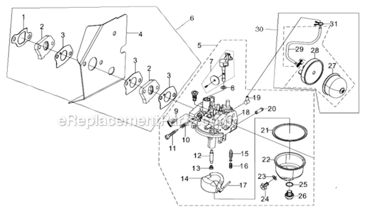 Carburetor Diagram and Parts List for SM2110  Southland Lawn Mower