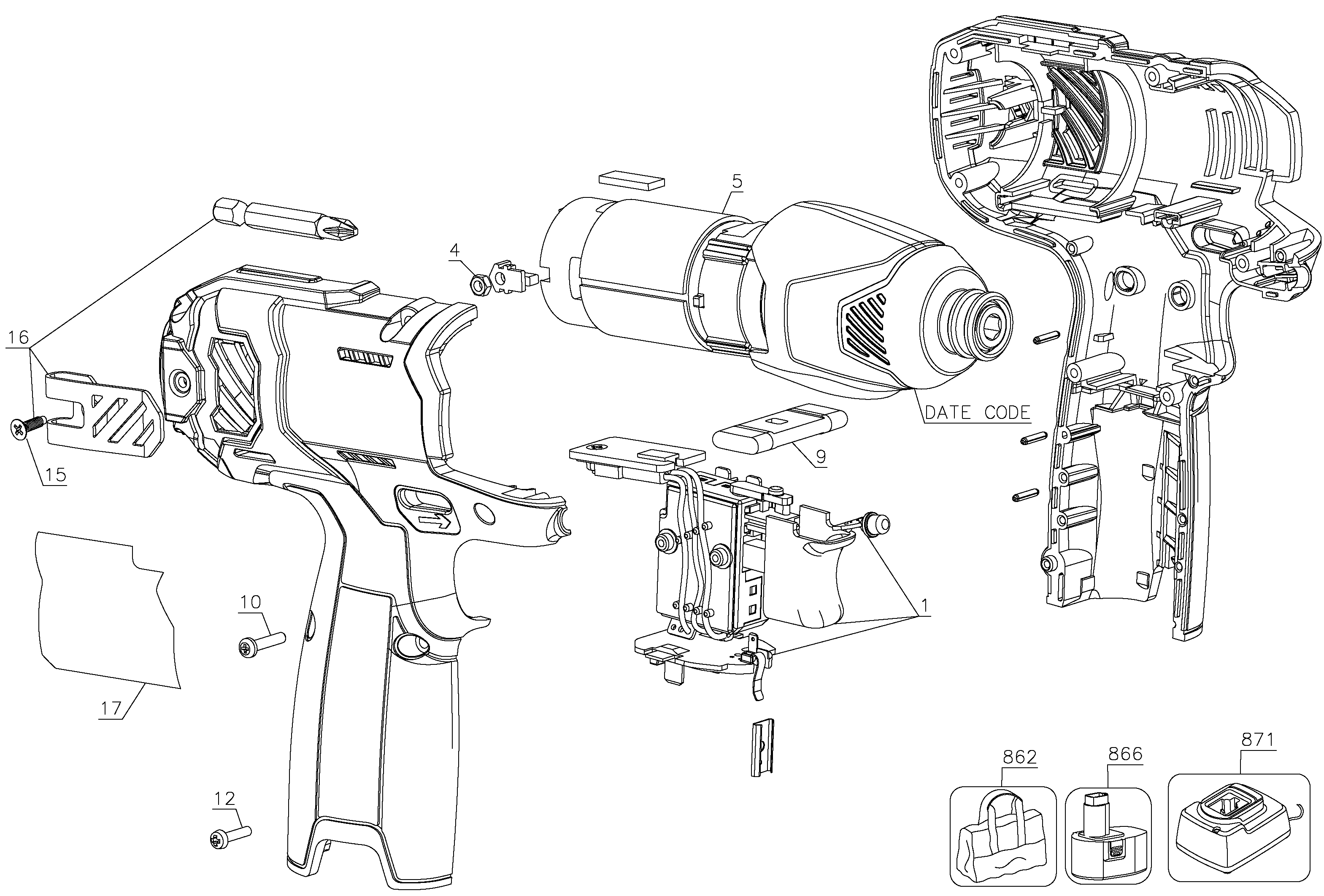 Default Diagram and Parts List for FMC040LB Type 1 Stanley Impact Driver