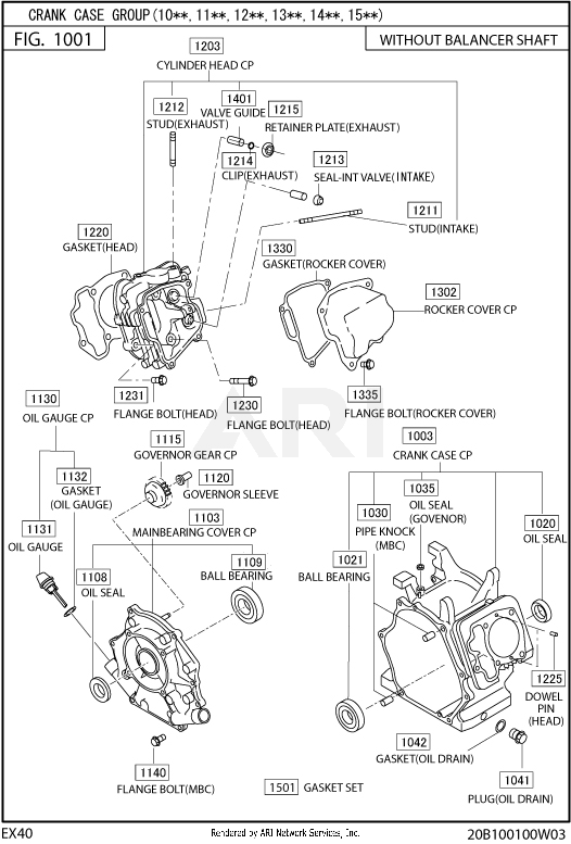 1001 Crankcase Diagram and Parts List for EX400DE5220  Subaru Engine
