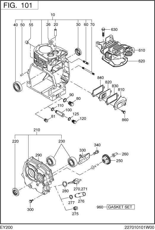 Crankcase Group Diagram and Parts List for EY200BC0500 EY200 Subaru Engine