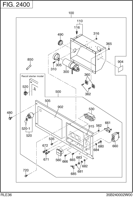 Control Box Diagram and Parts List for RLE36038012 RGX3600 Subaru Generator