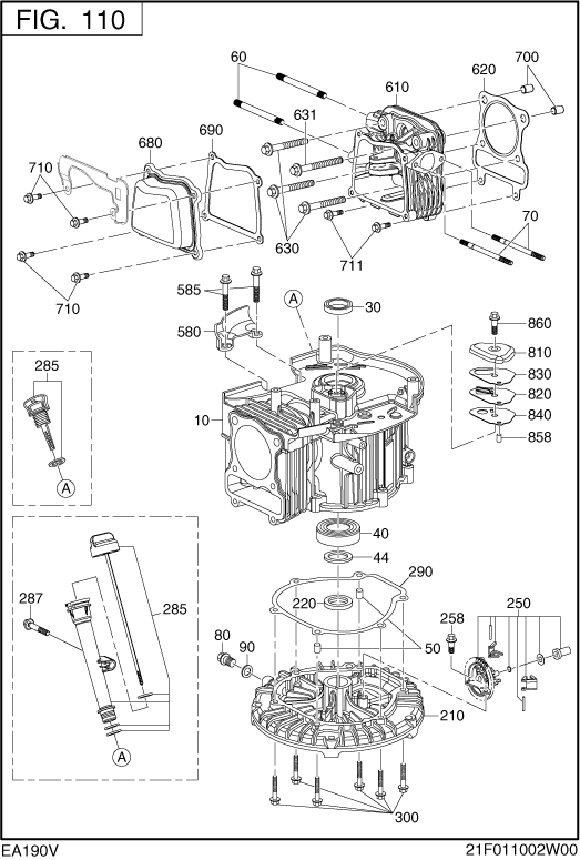 Crank Case Diagram and Parts List for EA190V53010 EA190 Subaru Engine
