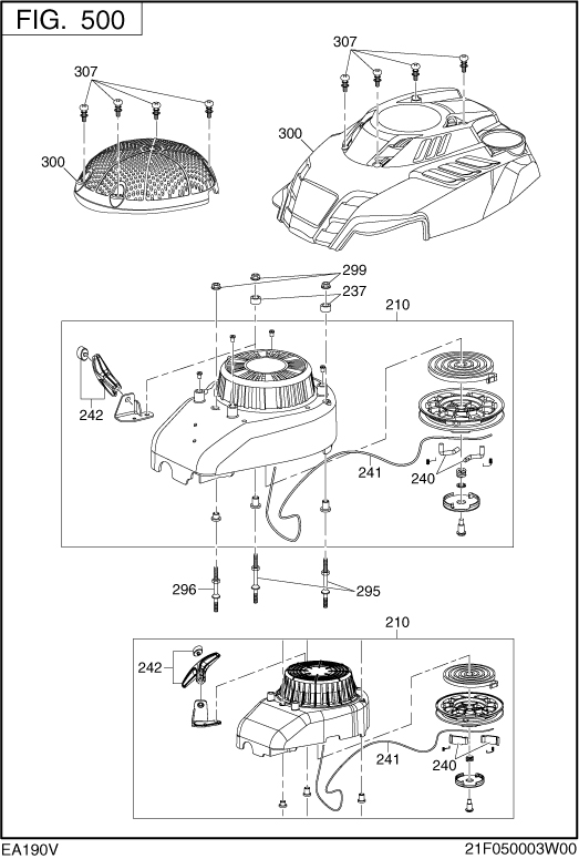 Cooling Starting Diagram and Parts List for EA190V53010 EA190 Subaru Engine