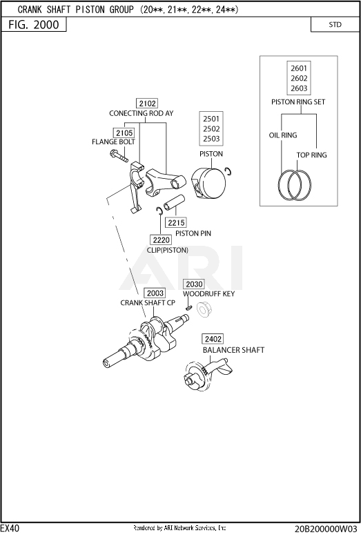 200 Crankshaft Diagram and Parts List for EX400SE5021  Subaru Engine