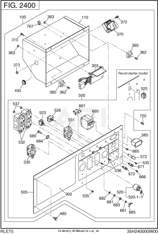 2400 Control Box Diagram and Parts List for RLE75053500  Subaru Generator