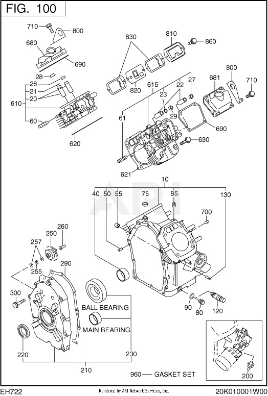 100 Crankcase Diagram and Parts List for EH722DS5171  Subaru Engine