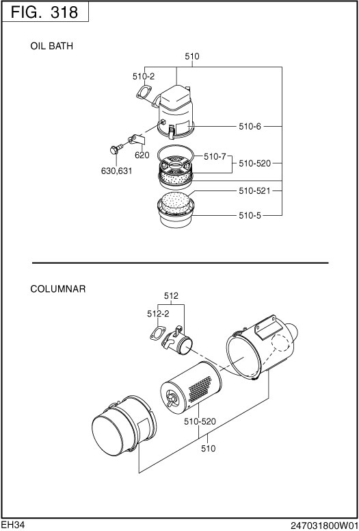 Intake Exhaust Diagram and Parts List for EH340B70310 EH340 Subaru Engine