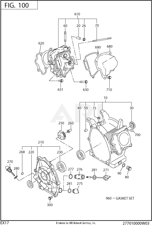 100 Crankcase Diagram and Parts List for EX170DT1030  Subaru Engine
