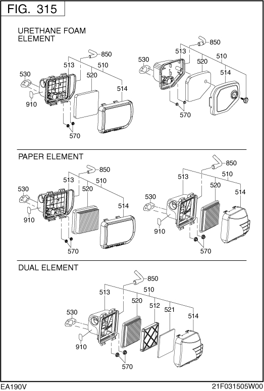 Intake Exhaust Diagram and Parts List for EA190V53010 EA190 Subaru Engine