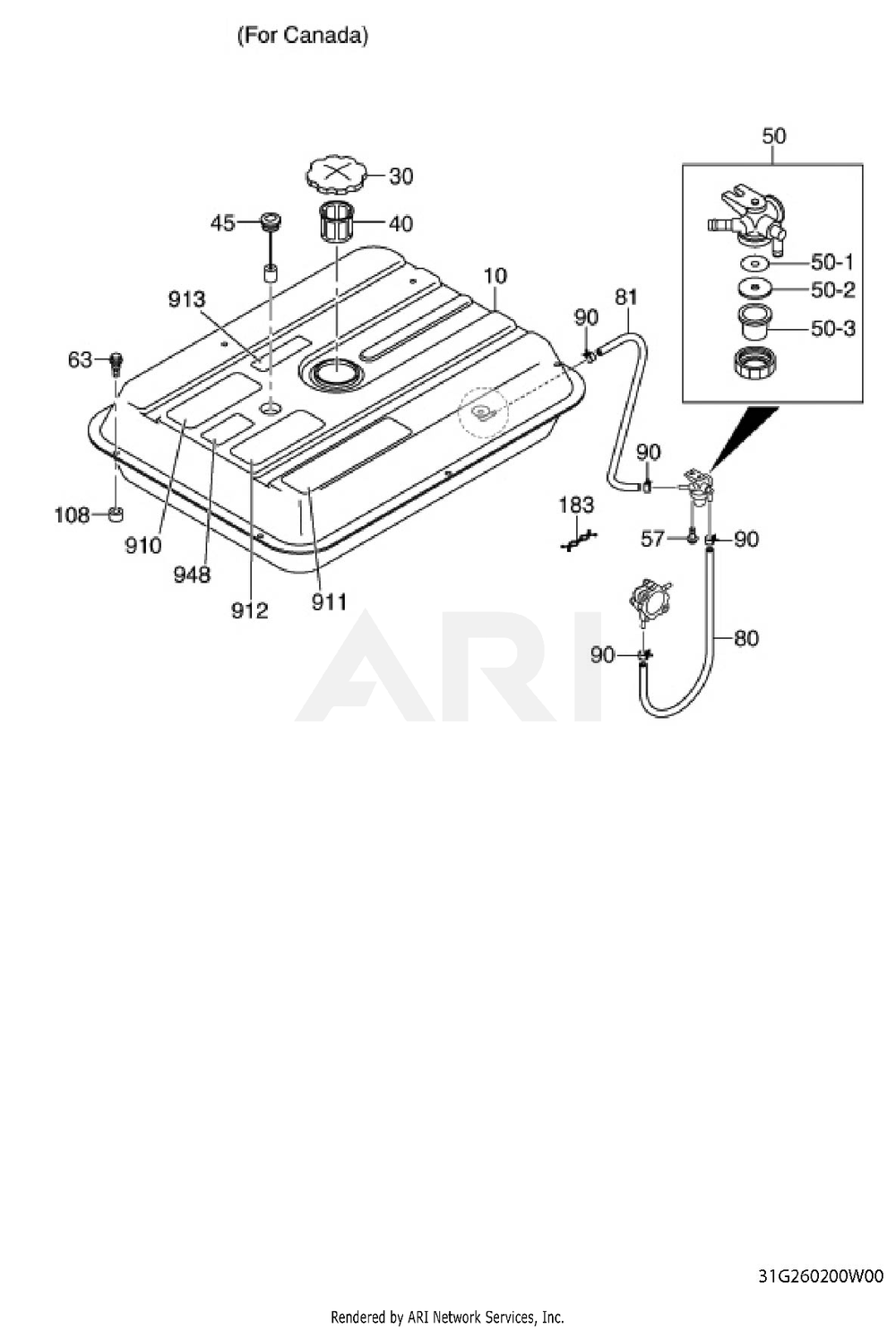 2600 Fuel Tank Diagram and Parts List for RGV12K63141  Subaru Generator