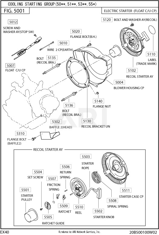 500 Cooling And Starting Diagram and Parts List for EX400SE5021  Subaru Engine